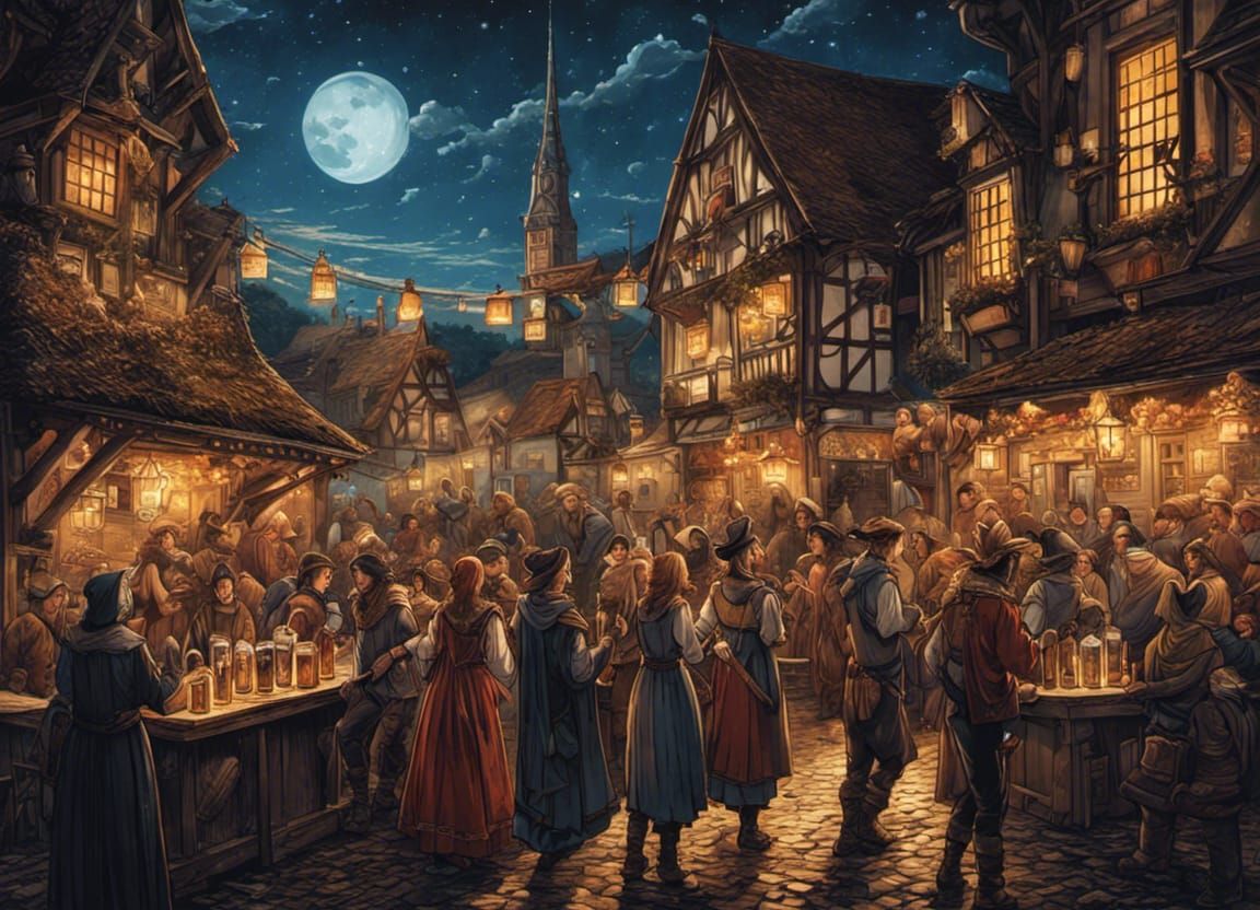 Lively Beer Festival in Medieval Town, Digital Art