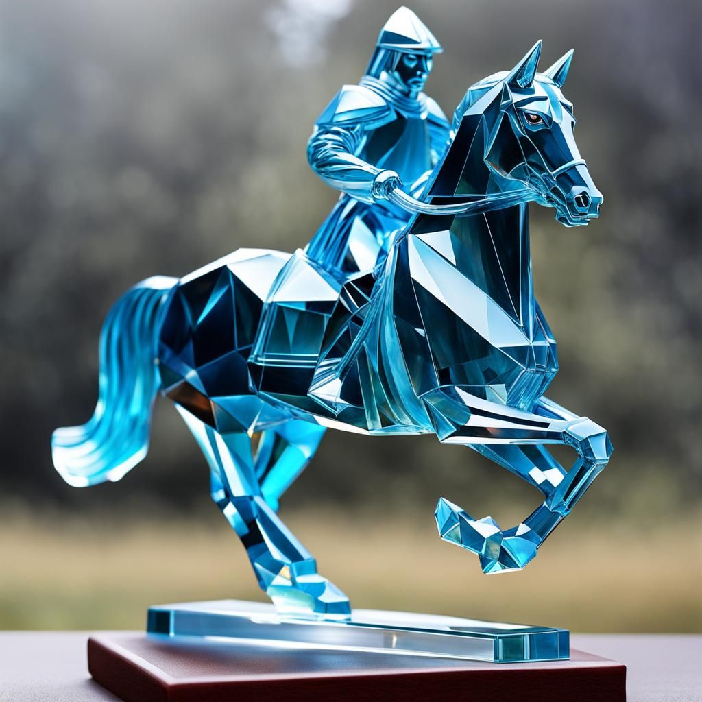 Crystal Knight Statue on Horseback in Origami Style