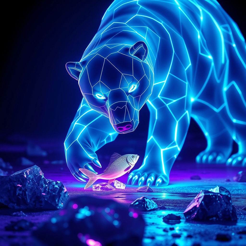 Neon Polar Bear Catching Fish in Arctic Landscape