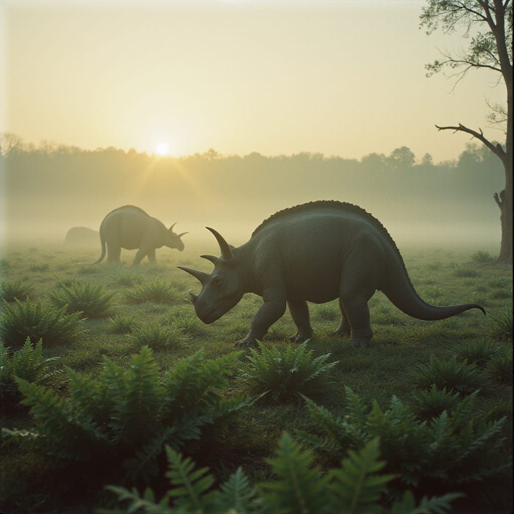 Triceratops Herd in Misty Fern Prairie, Cinematic