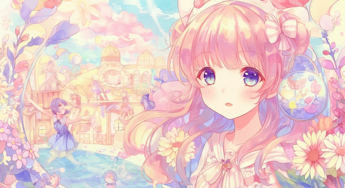Anime-Inspired Whimsical Scene in Watercolor Style