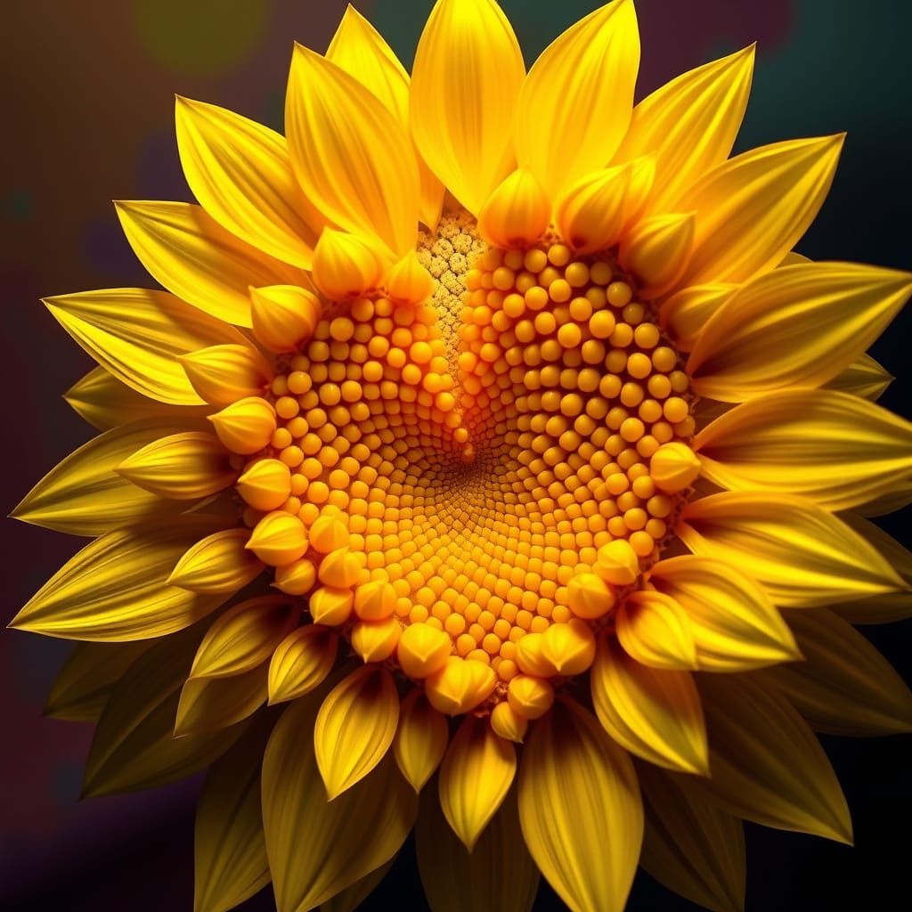 Surreal Fibonacci Sunflower Unfolding in Golden Light