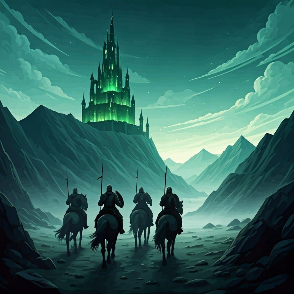 Medieval Knights Ride Toward Emerald Castle in the Distance