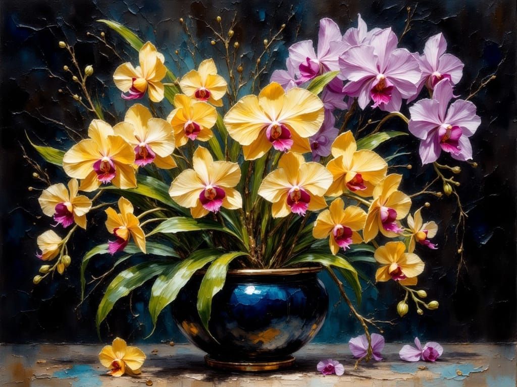 Botanical Orchid Watercolor Painting in Enamel Pot