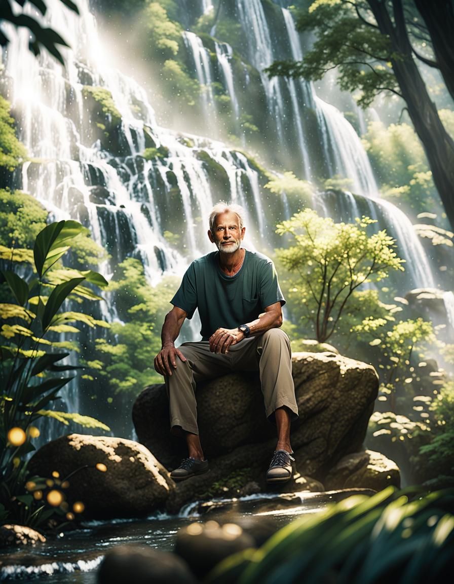 Man Smiling by Waterfall in Cinematic Lighting