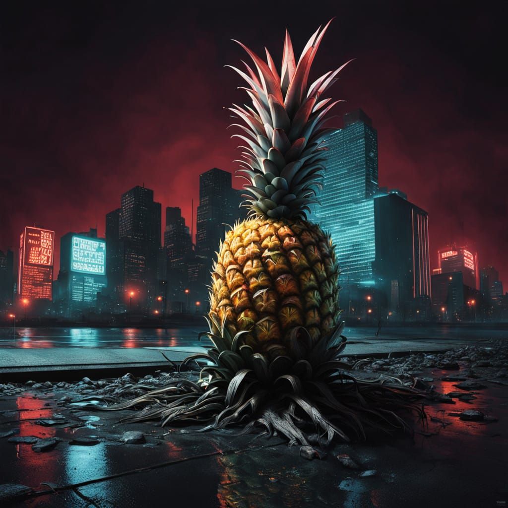 Gritty, Futuristic Zombie Pineapple in Neon Cityscape