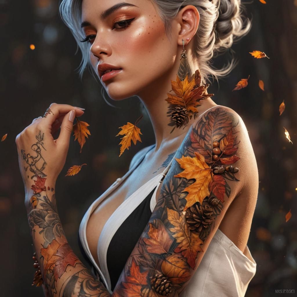 Mesmerizing beautiful badass powerful girl being Surrounded autumn_leaf, skin covered in autumn_leaf tattoos, SLEEPING  ...