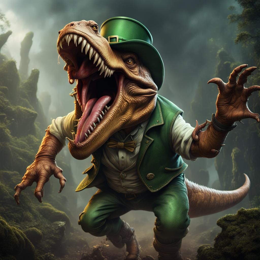 Leprechaun with T-Rex Arms: Fantasy Concept Art