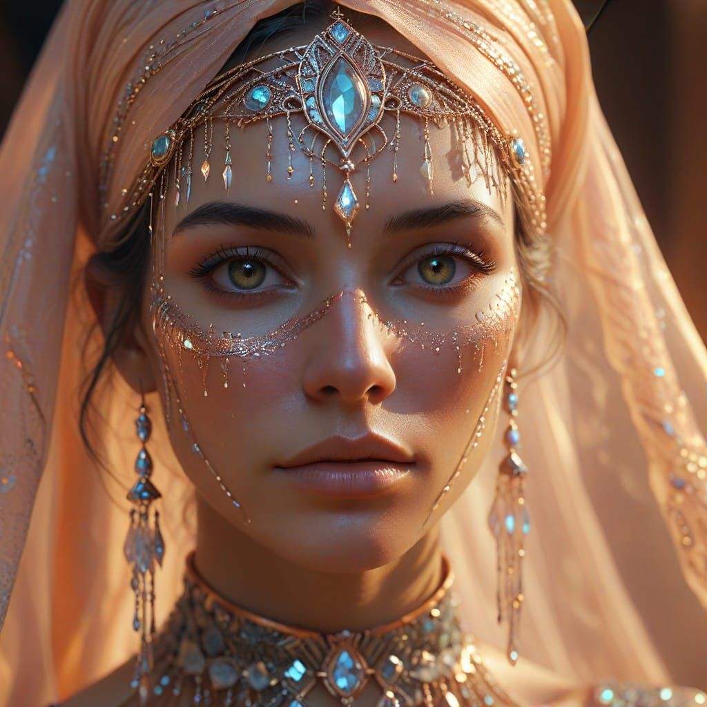 Woman in Veil with Metallic Jewelry, Ethereal Portrait