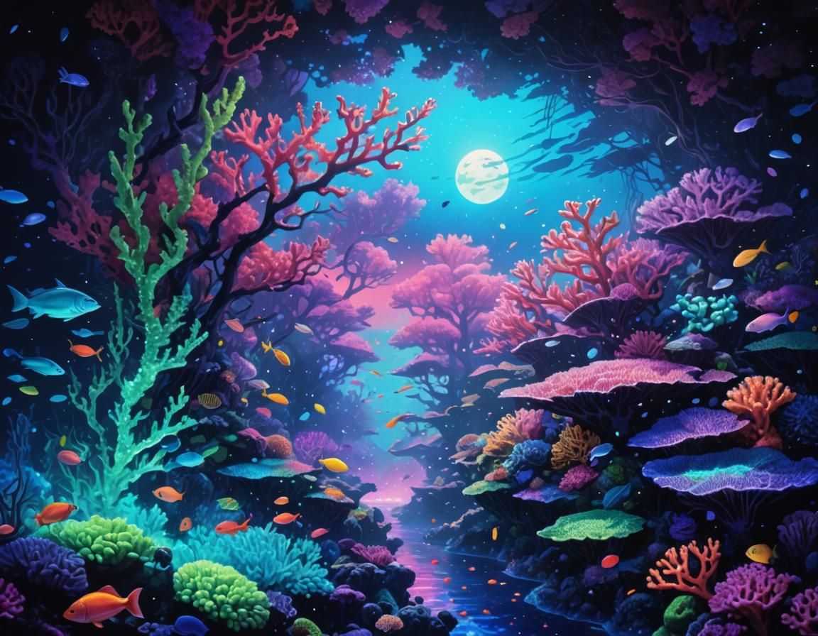 Bioluminescent Coral Reef in Semirealistic Manga Style