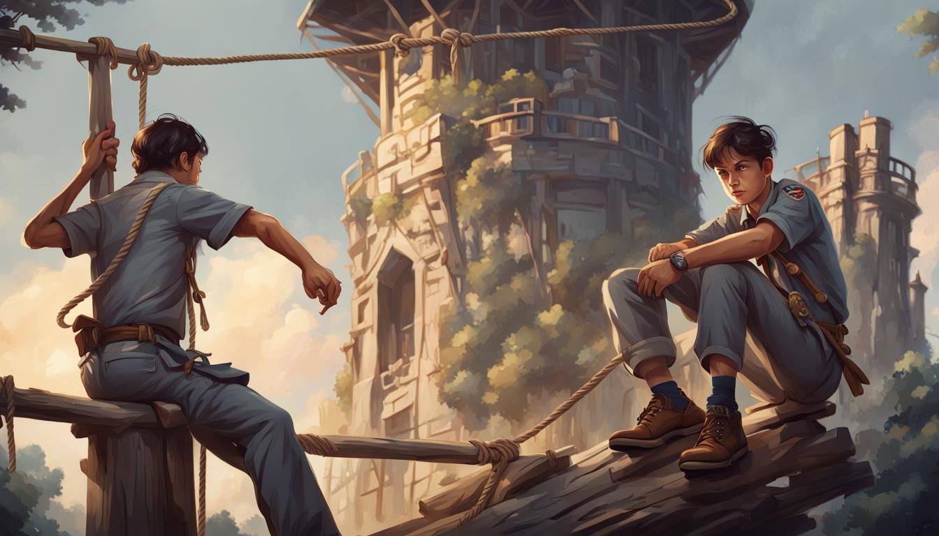 Scouts Scaling Tower: Hyperrealistic Concept Art