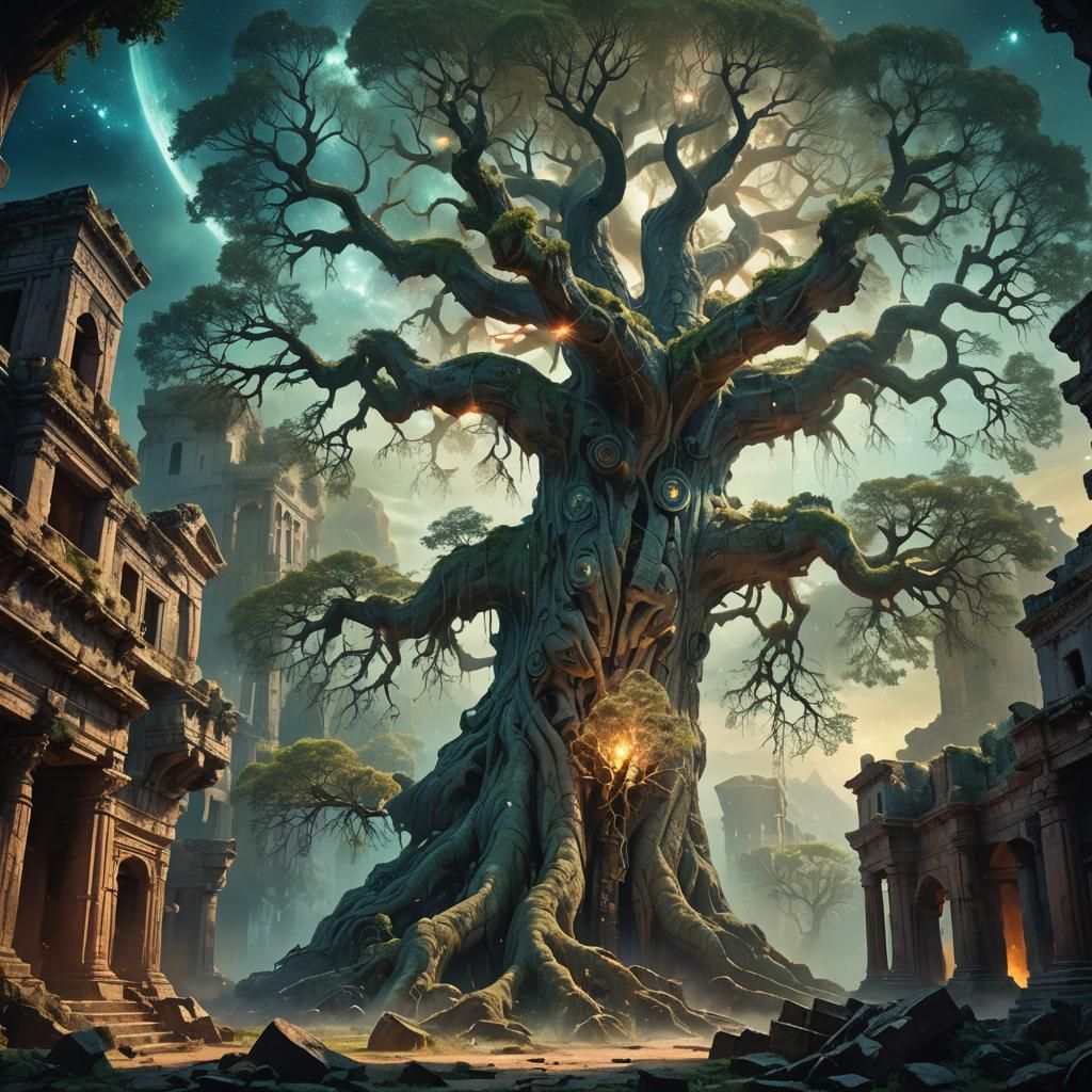 Ancient Tree Rises in Forgotten City, Matte Painting