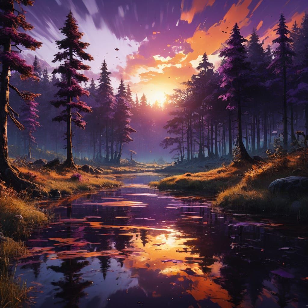 Vibrant Sunset Landscape with Graffiti Art