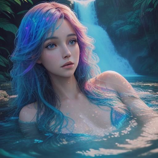 Beautiful Woman in Waterfalls: Cosmic Illustration