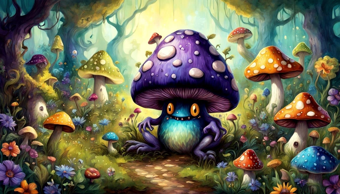 Cute Giant Mushroom Monster in a Lush Wildflower Patch