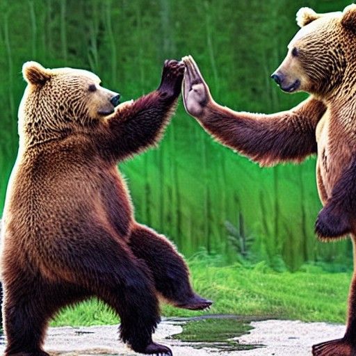 Two Bears Share a Cheerful High Five