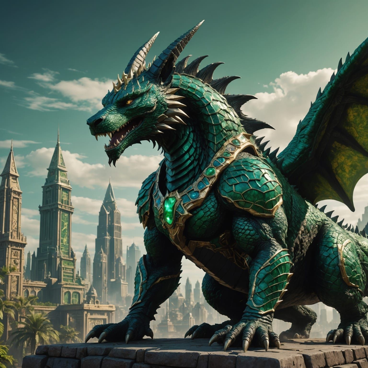 Emerald Anubis Godzilla Dragon in Detailed Matte Painting