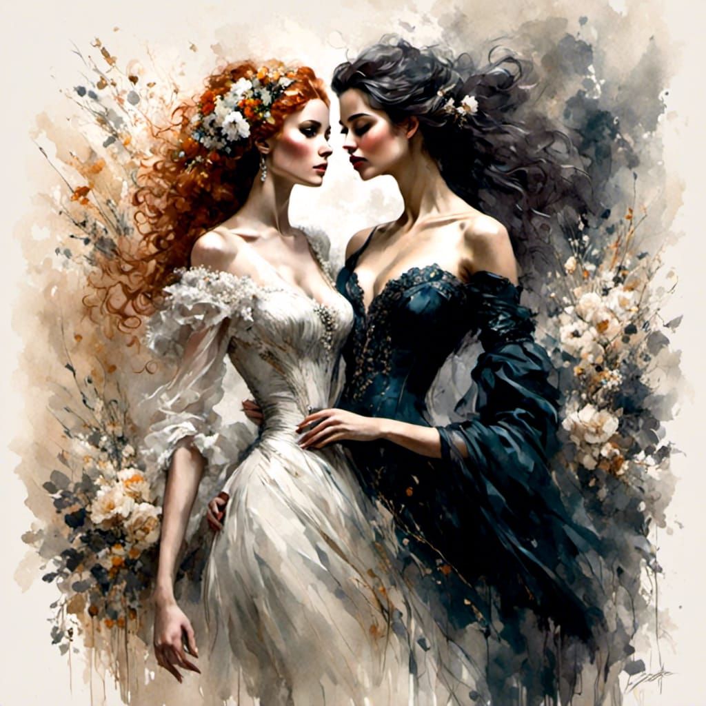 Harmonious Dance: Ink Artwork of Two Beautiful Women