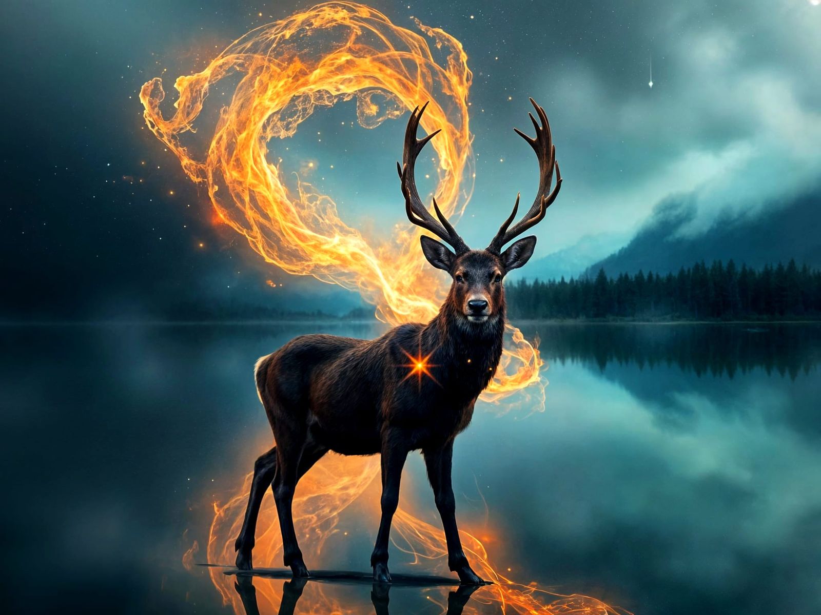 Stag Silhouetted Against a Serene Lake in Ethereal Glow