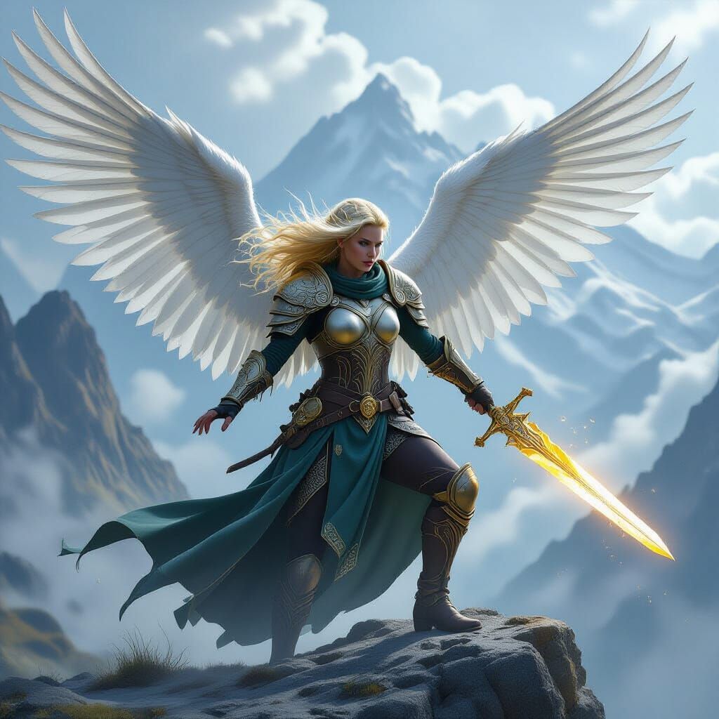 Winged Warrior Casting Spell on Mountaintop