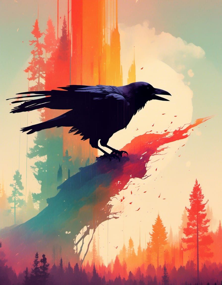 Rainbow Raven in Double Exposure Style