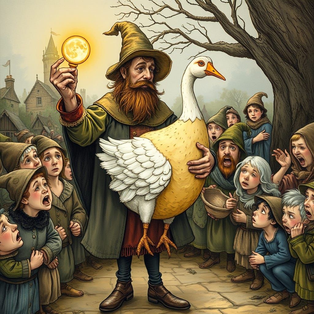 Golden Goose with Villagers in Whimsical Folkloric Style