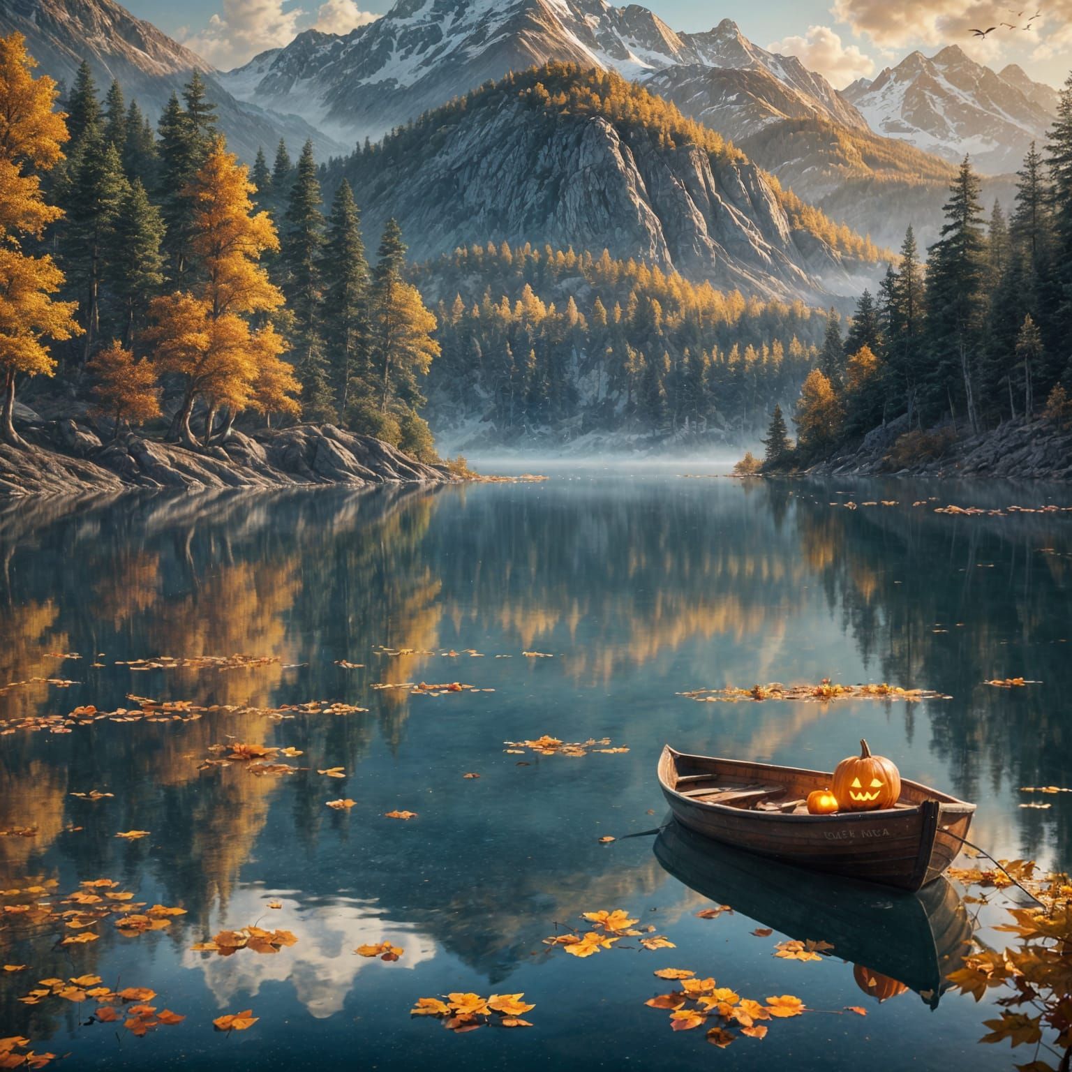 Autumn Night Lake With Jack-o'-lantern Boat