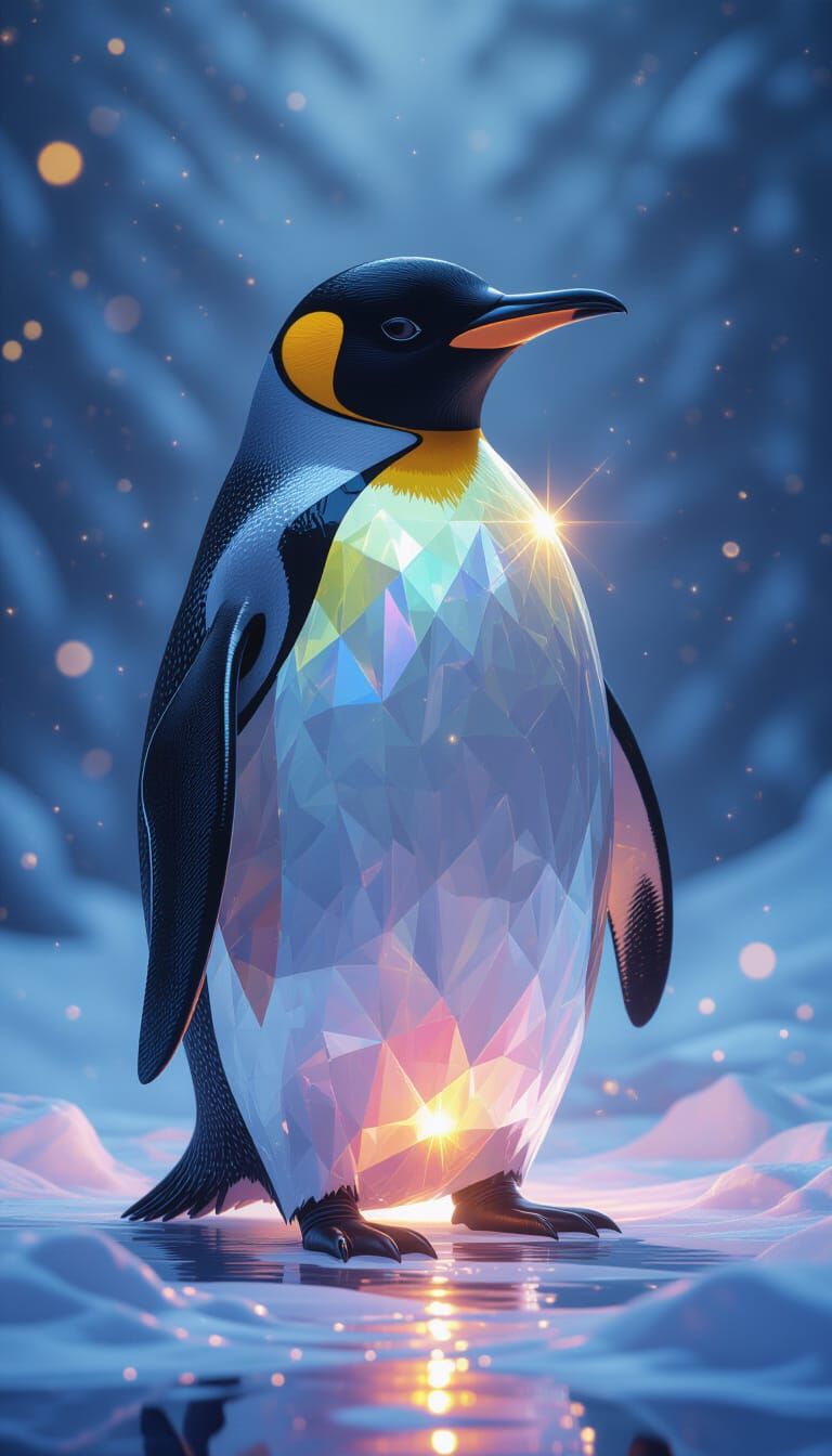 Crystal Penguin with Rainbow Reflections in Magical Realism