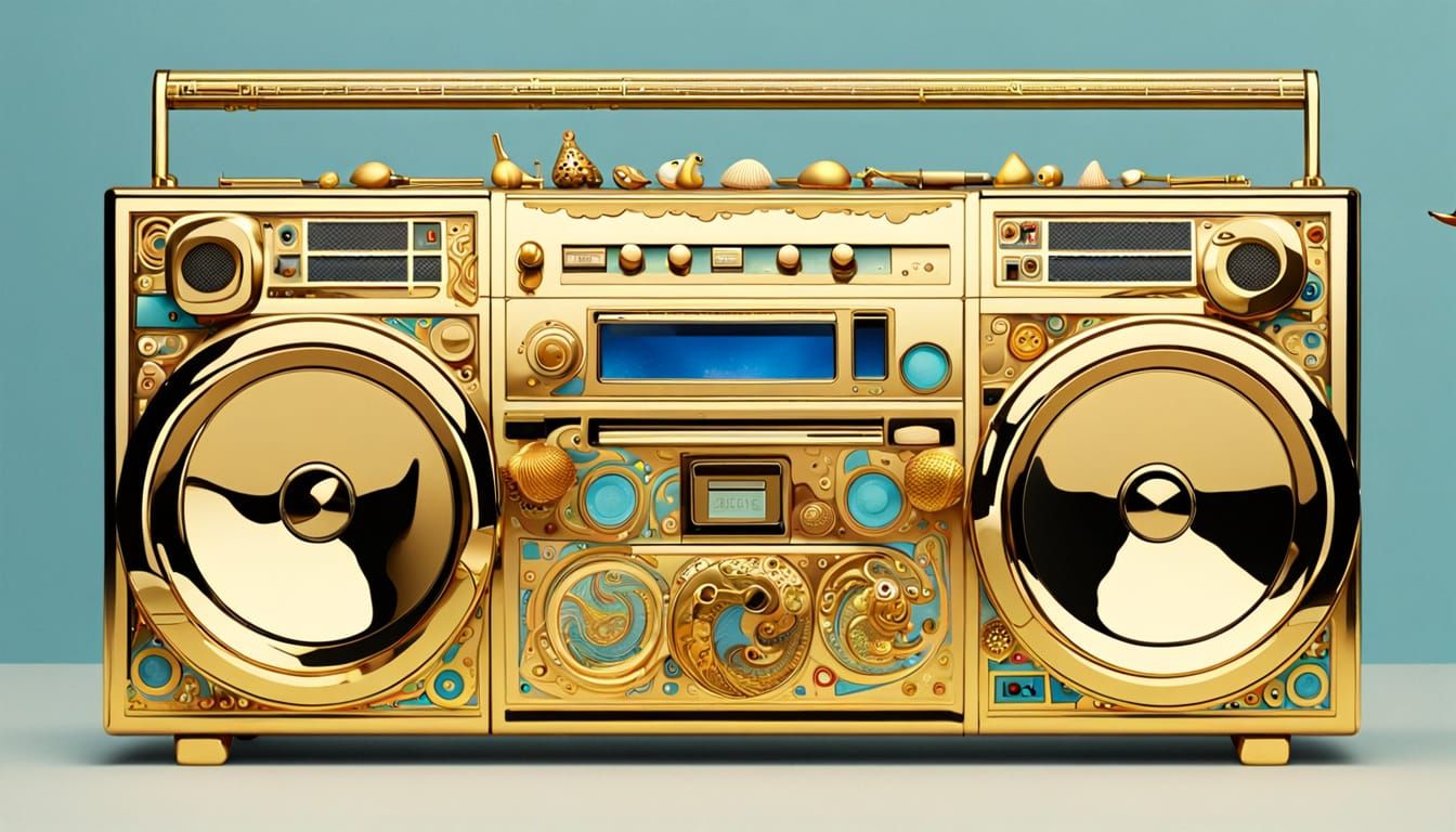 Golden Boombox on Beach in Art Nouveau Style