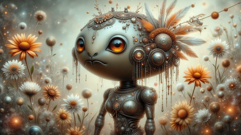 Whimsical Robot in Wildflower Field