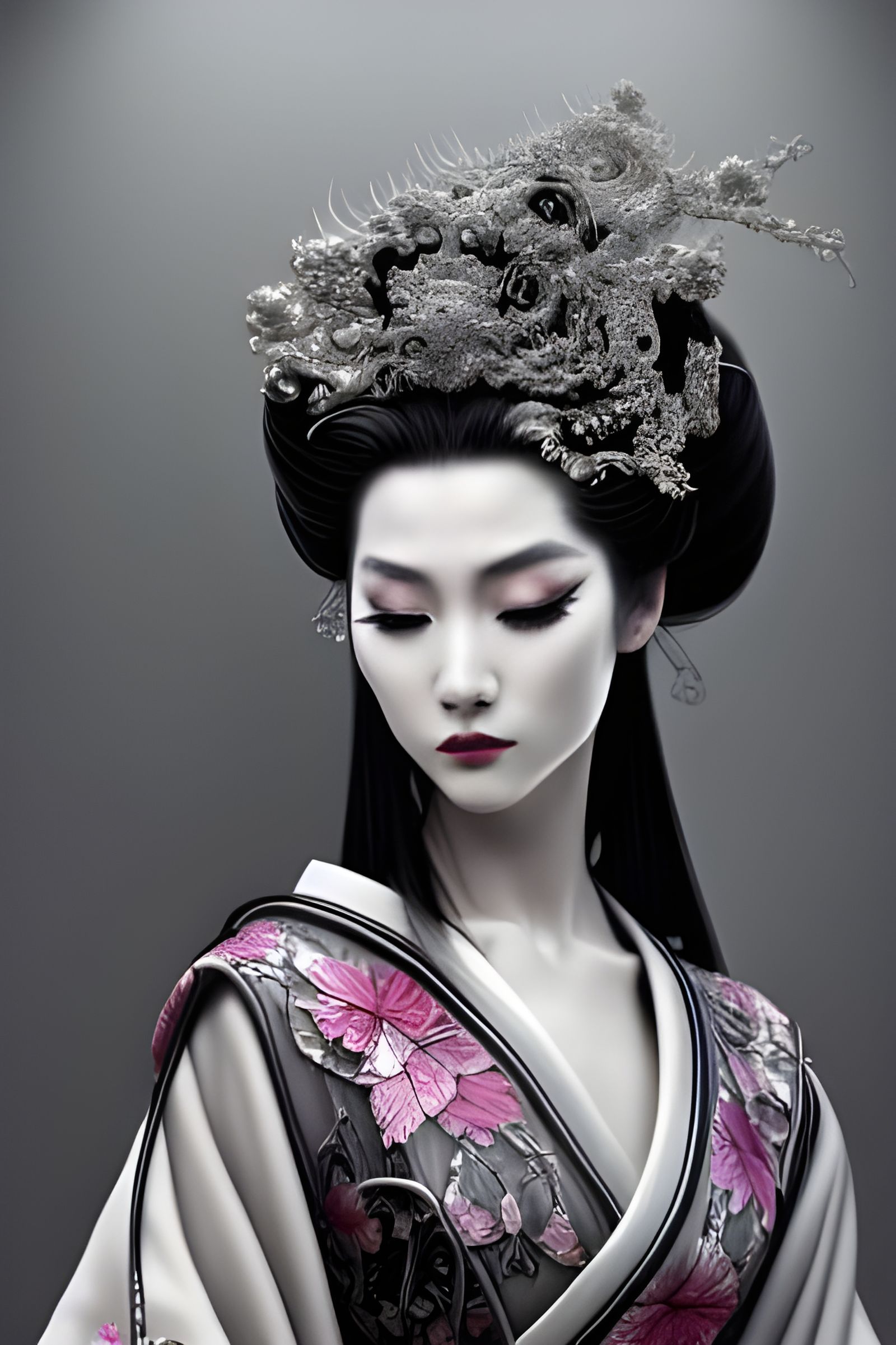 Geisha in Silver Gown: Detailed Digital Art
