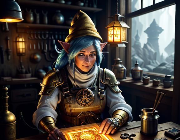 Gnome Repairs Automaton in Mystical Laboratory