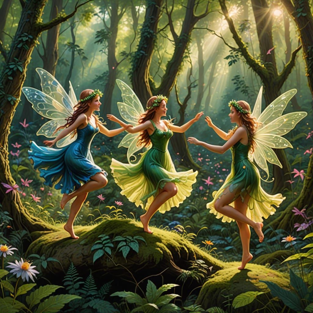 Whimsical Fairies Dance Amidst Lush Forest Canopy in Impress...