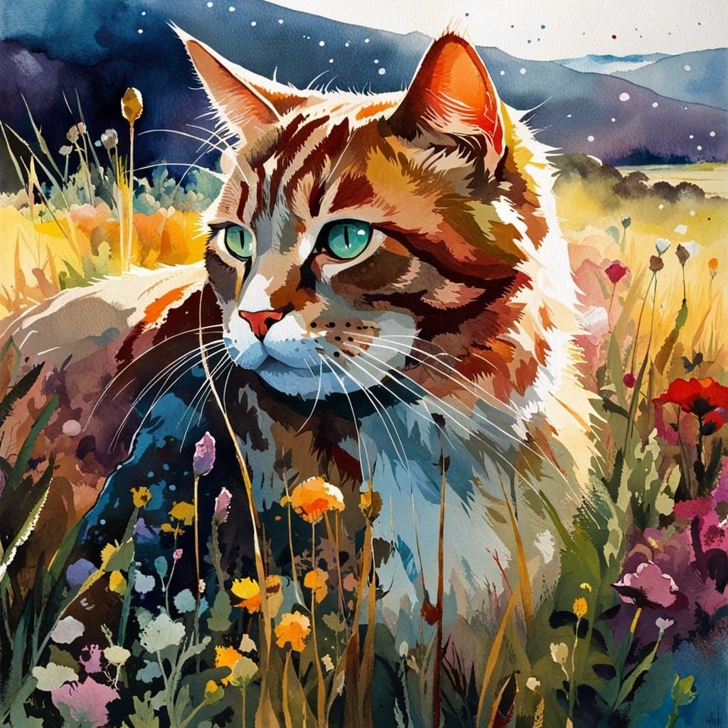 Hyperrealistic Cat in a Meadow Watercolor Painting