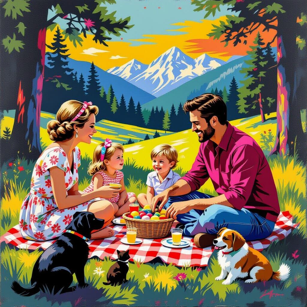 Pop Art Family Picnic with Animals in Warhol Style
