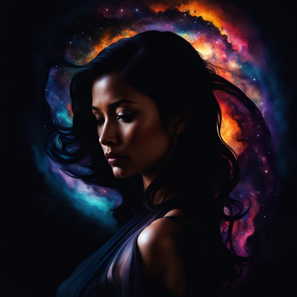 Hyperrealistic Double Exposure: Galaxy Sunset Silhouette