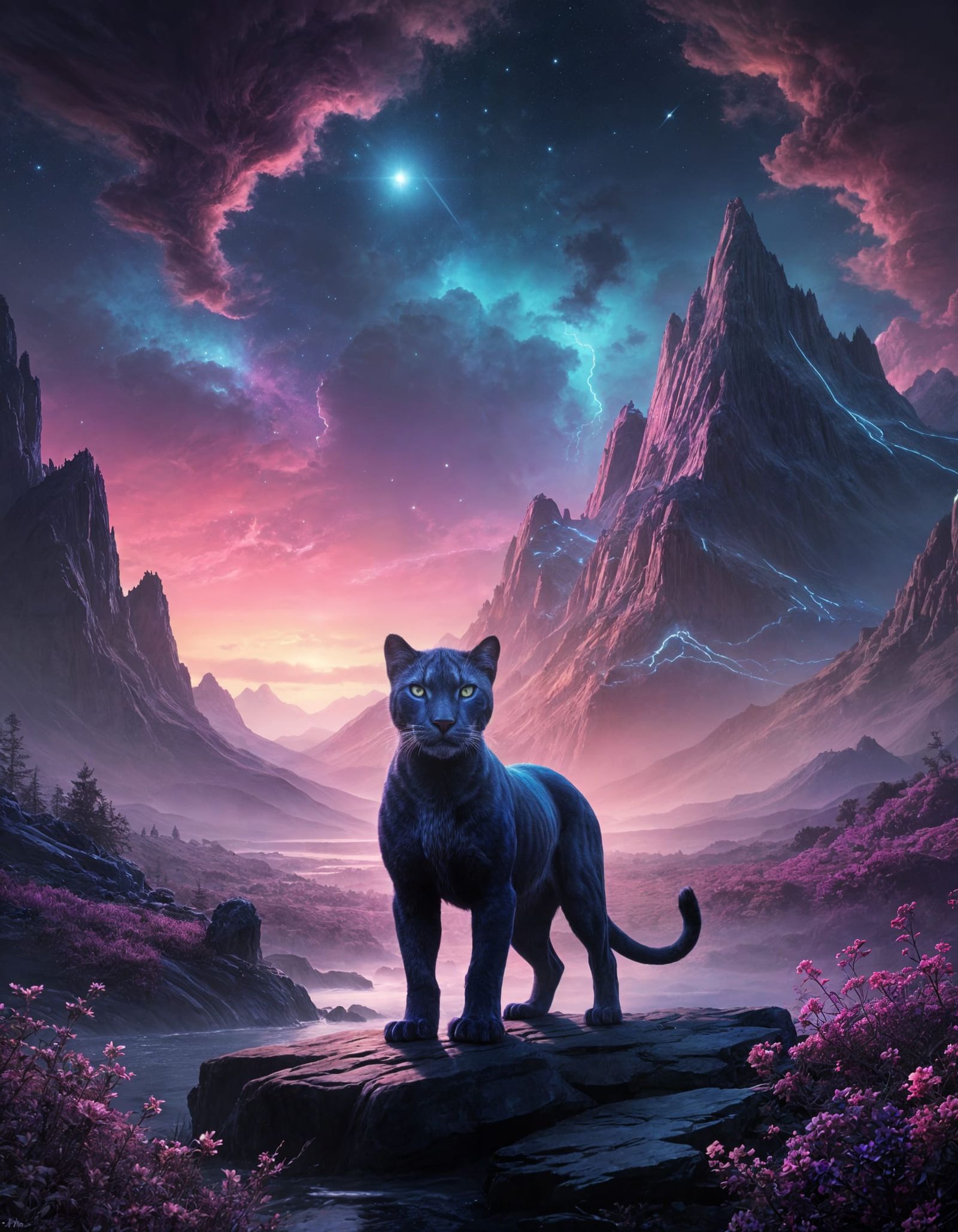 Cosmic Felines in Dreamlike Galaxy Landscape