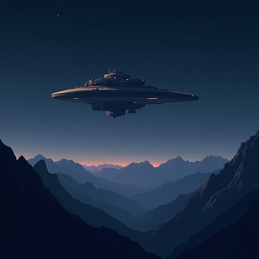 Star Wars Style Space Station Over Mountains at Night