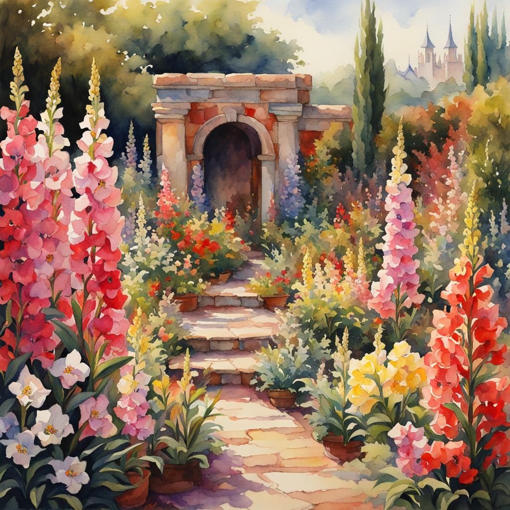 Snapdragon Garden in Watercolor, Pre-Raphaelite Style