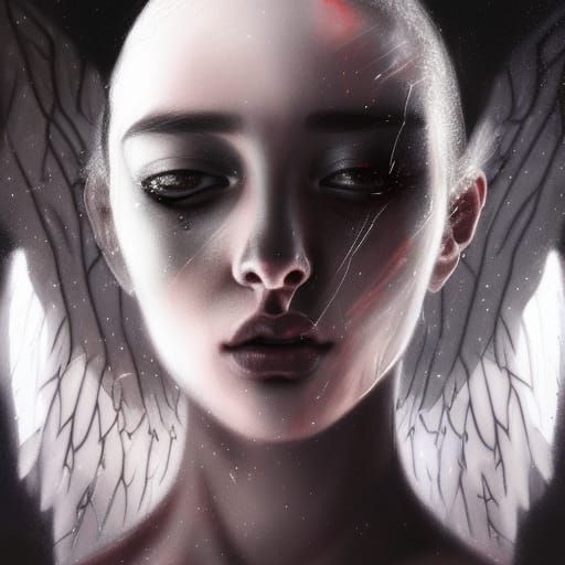 Cracked Face with Black Tears and Angel Wings