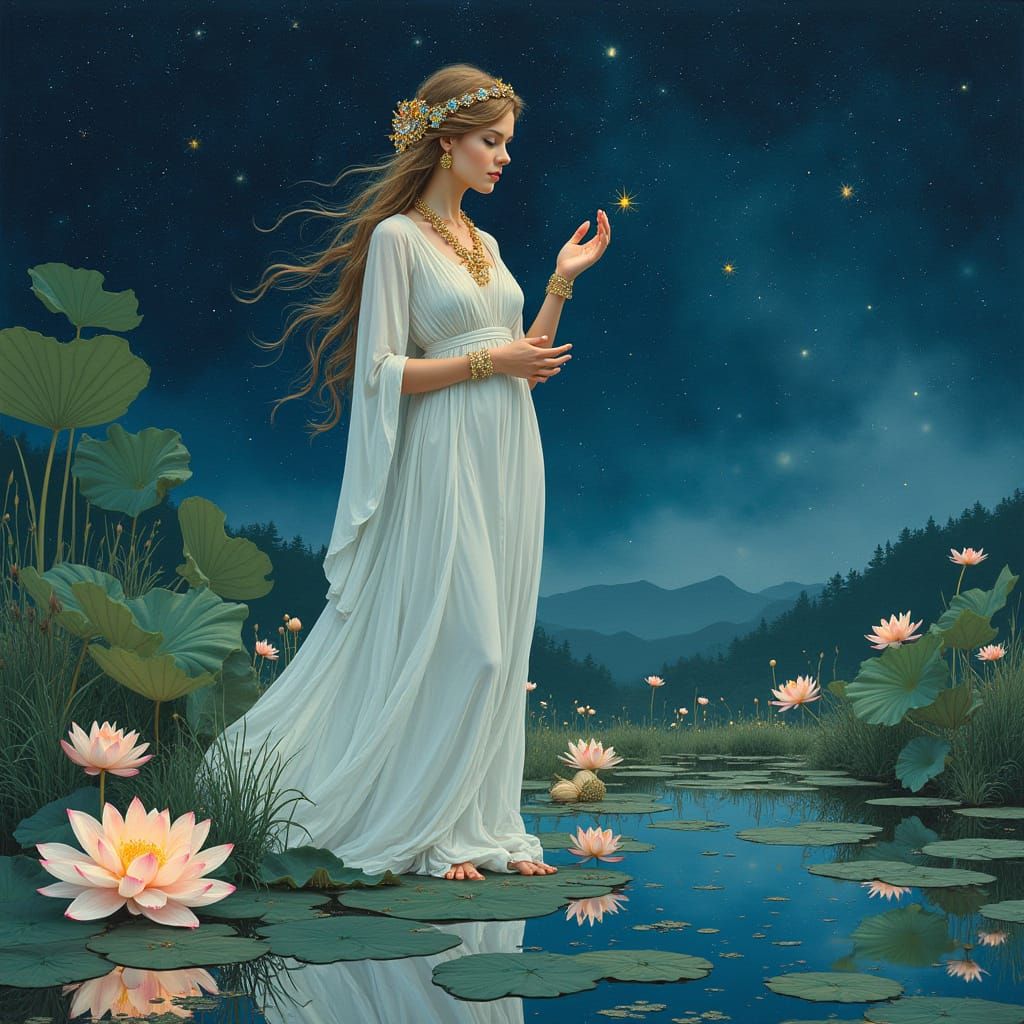 Goddess by Lotus Pond Under Starry Sky