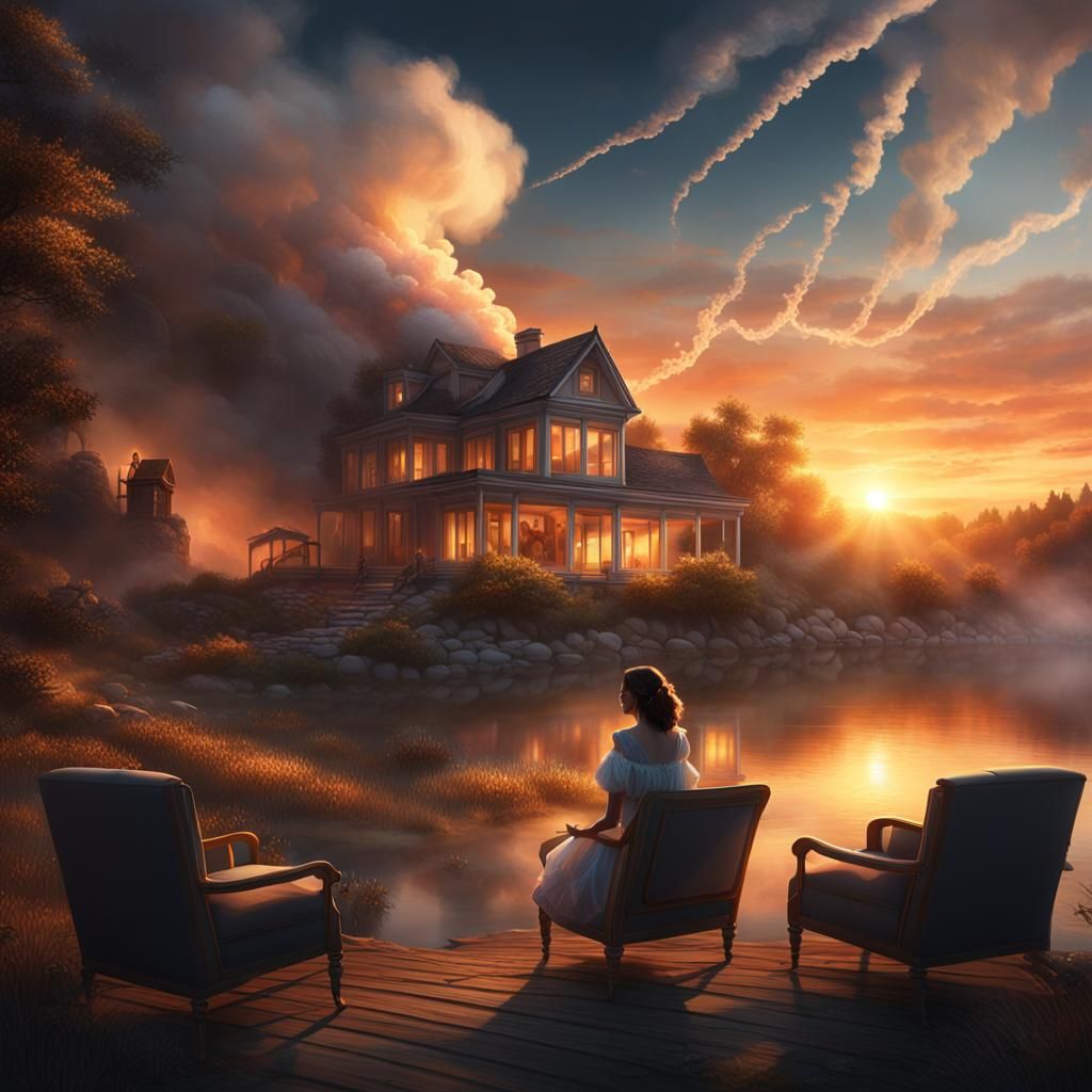 Smoky Sunset Landscape with Woman in Armchair