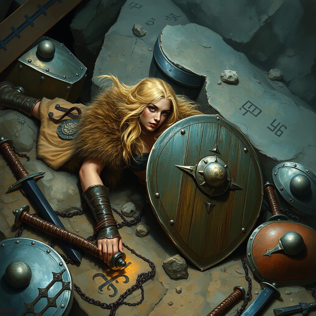 Viking Shield Maiden on Battle-Torn Terrain