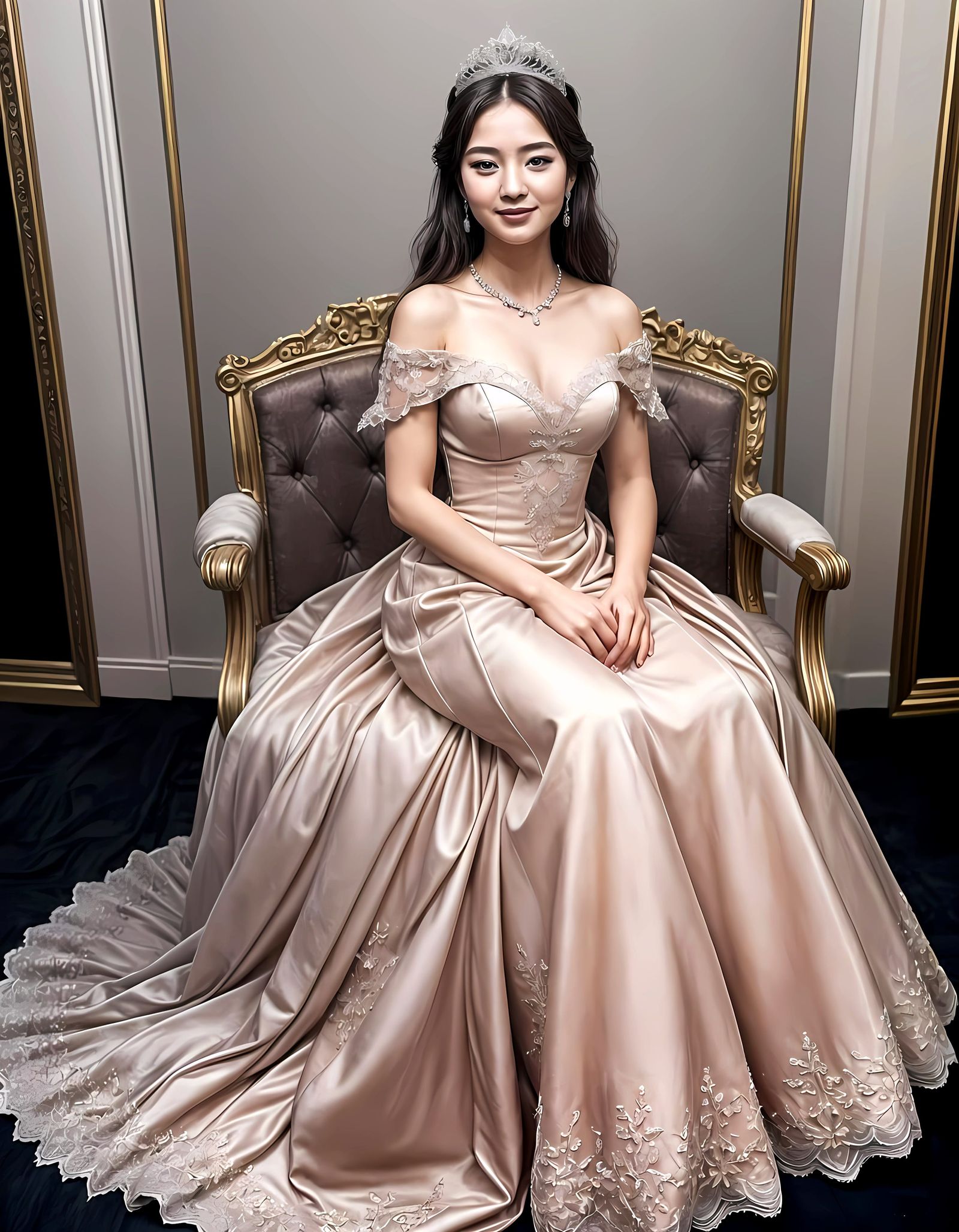 Elegant Korean Princess in Silk and Lace Gown