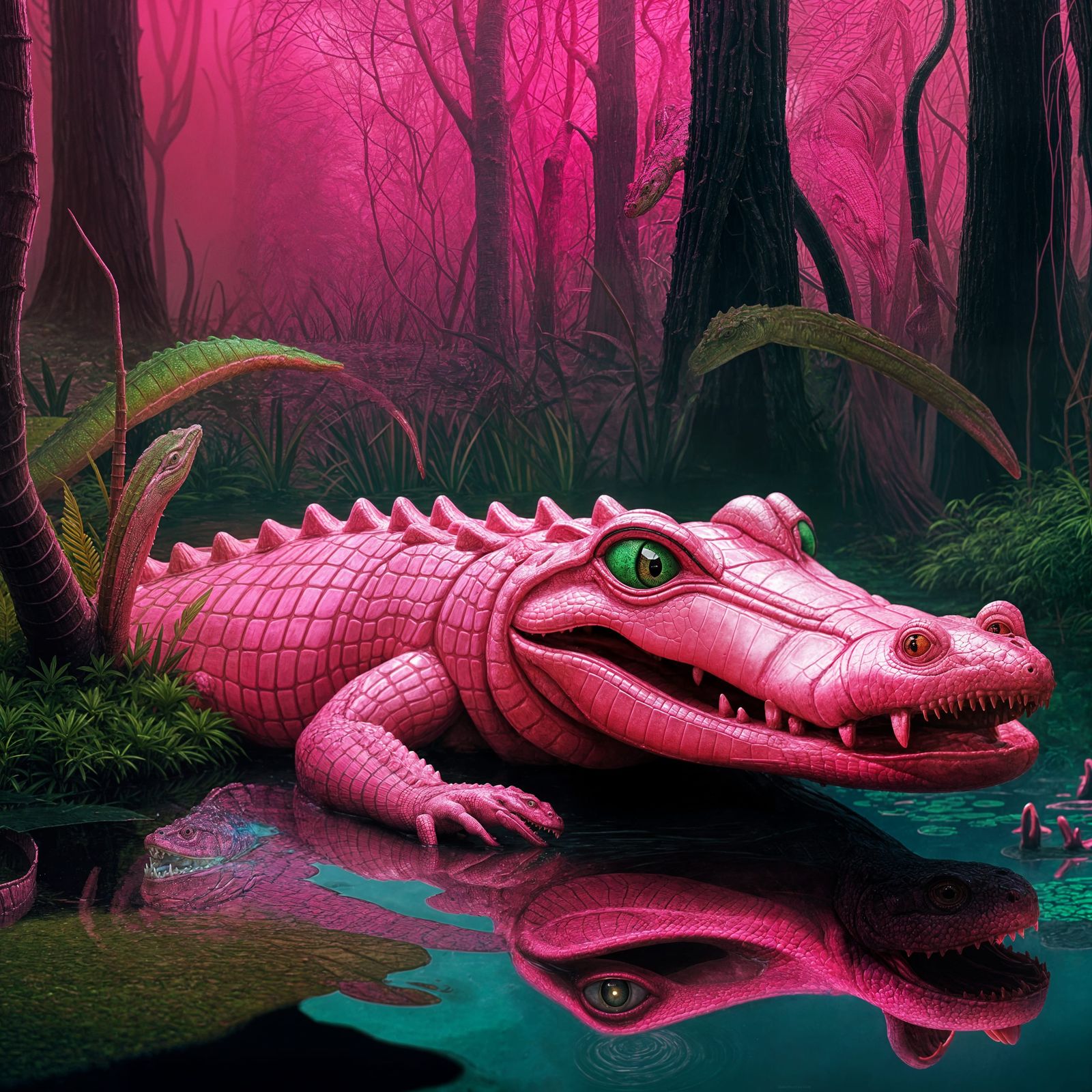 Neon Pink Alligator in a Detailed Swamp