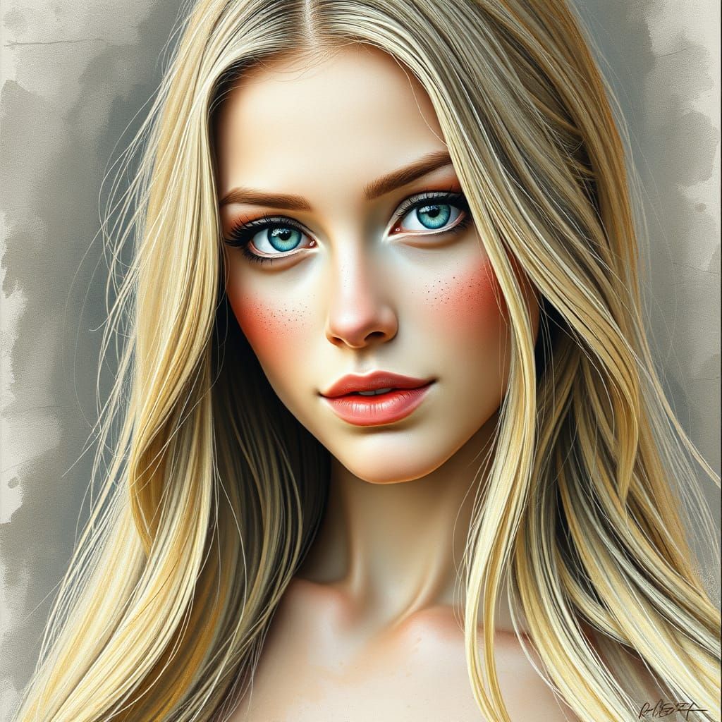 Pencil Portrait of a Beautiful Woman with Freckles