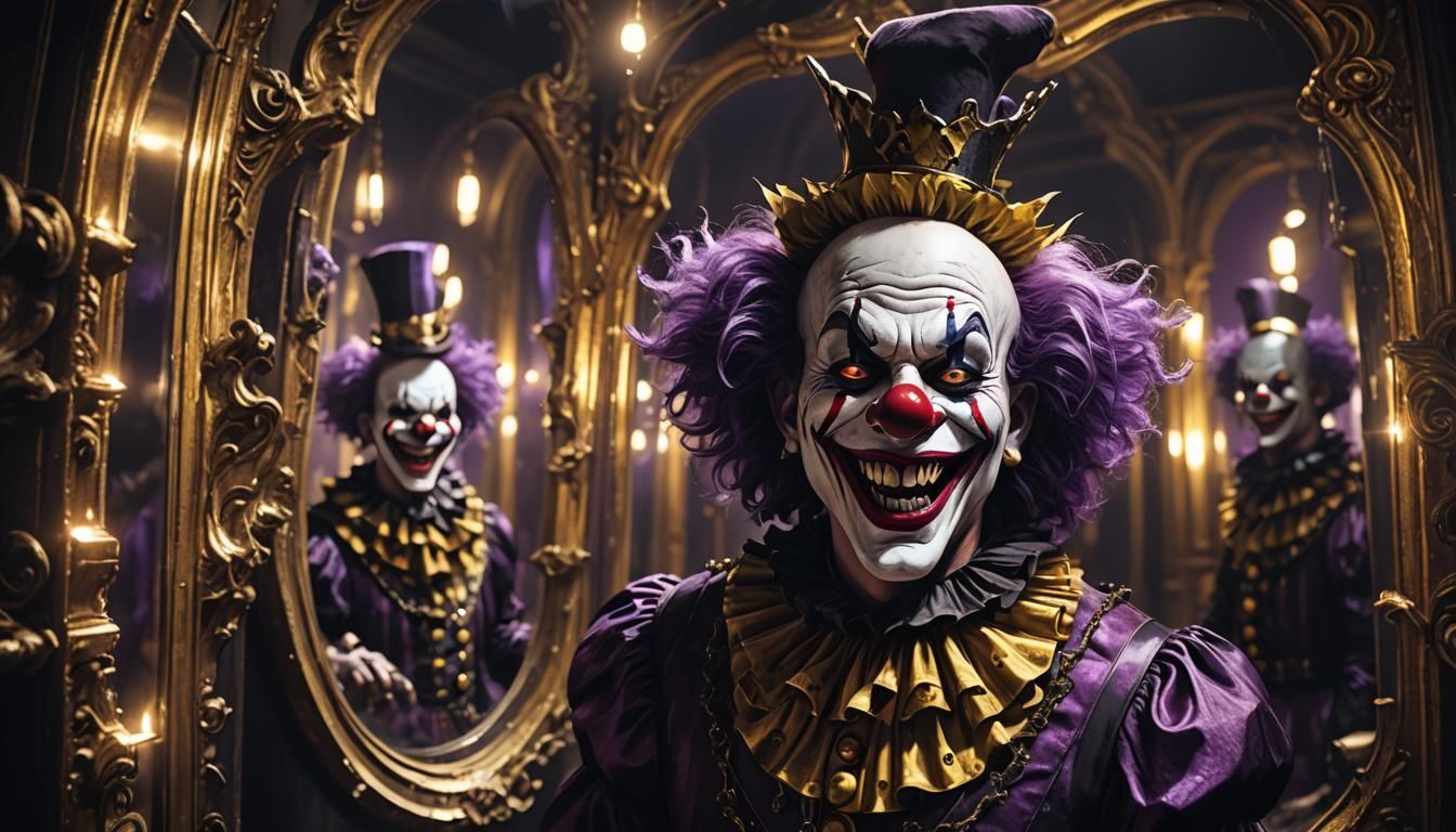Gothic Clown in Room of Mirrors, Dark Fantasy Art