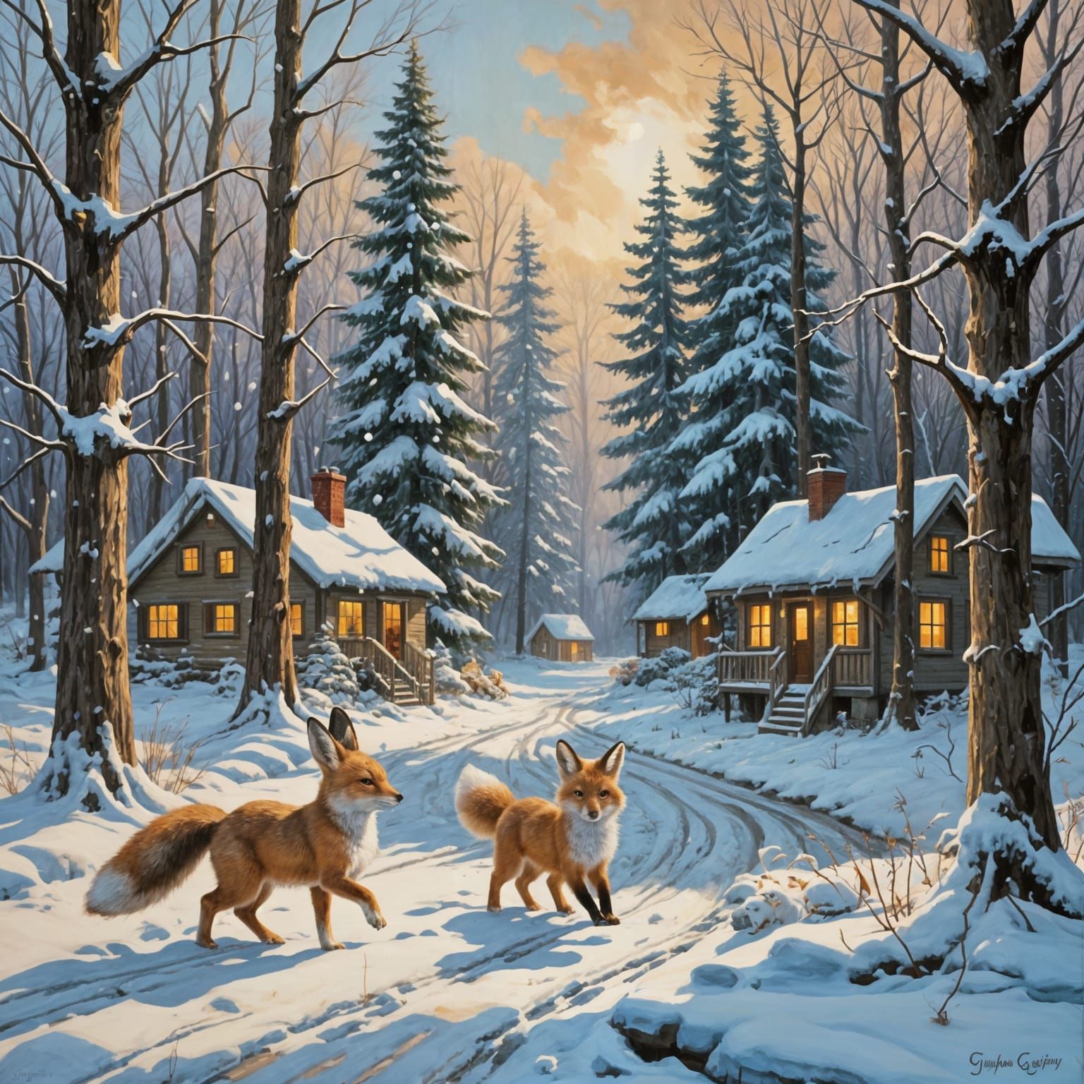 Mirthful Fox and Bunny Chase in Winter Wonderland Oil Painti...