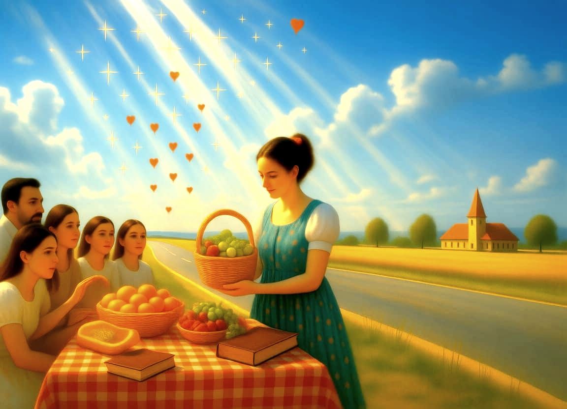 Woman Shares Food with Hungry People, Crosses and Hearts Fal...