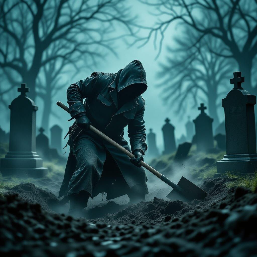 Eerie Grave Digger in Dark Cemetery, Biomechanical Art